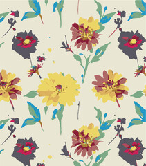 Big flower,Seamless watercolor floral pattern, flowers elements, green leaves branches on dark black background; for wrappers, wallpapers, postcards, greeting 