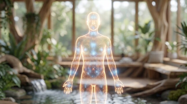 A serene spa scene enhanced with a glowing holographic representation of the human body, capturing a concept of health, wellness, and holistic harmony. 