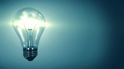 A glowing light bulb floats against a cool blue gradient, haloed glow outlining glass with pale glow