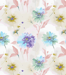 Big flower,Seamless watercolor floral pattern, flowers elements, green leaves branches on dark black background; for wrappers, wallpapers, postcards, greeting 