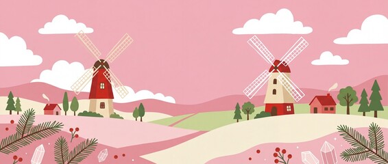A whimsical landscape illustration showcasing two charming windmills amidst a tranquil, pastel-colored countryside. The gentle hues and idyllic setting evoke a sense of peace and nostalgia.