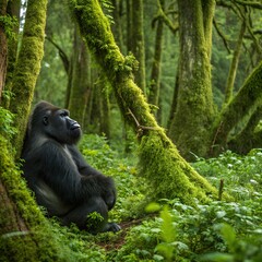 A massive gorilla sitting peacefully in rainforest jungle, moss-covered trees, clear image