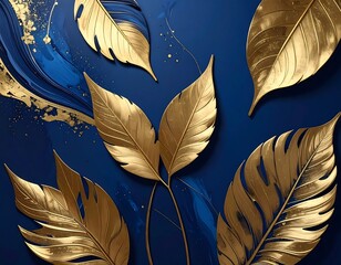 Golden leaves against navy blue background with abstract designs