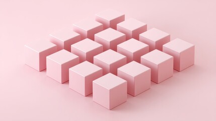 Fototapeta premium An arrangement of pink cubes in a 3D grid formation creates a symmetrical pattern with a monochromatic theme and minimal