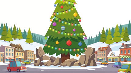 towering Christmas tree decorated with lights and ornaments dominates a city square, surrounded by urban architecture and festive illumination creating a lively holiday atmosphere © Evan