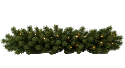 luxuriant seamless fir christmas garland woven with delicate warm micro-led lights, isolated against a transparent studio background with soft shadows. Sophisticated festive atmosphere concept