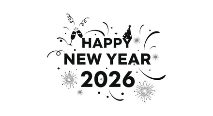 Festive new year celebration design featuring champagne glasses confetti and the year 2026