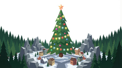 towering Christmas tree decorated with lights and ornaments dominates a city square, surrounded by urban architecture and festive illumination creating a lively holiday atmosphere © Evan