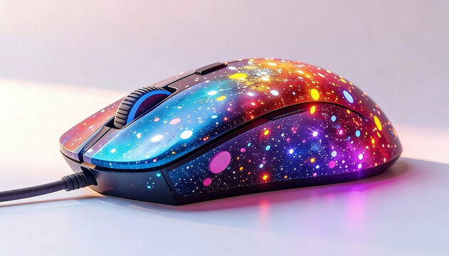 Ergonomic wireless computer mouse with vibrant galaxy-themed design (rainbow gradient, glowing stars, planets), glossy iridescent surface, pink scroll wheel, 3D Octane render, futuristic whimsical sty