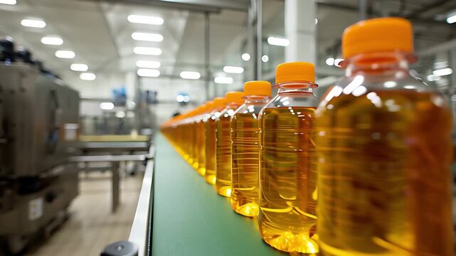 Honey or oil bottles on conveyor belt in food factory production line manufacturing
