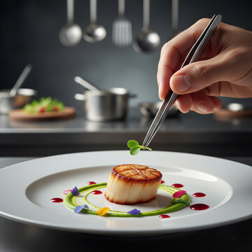 close-up of a professional chef carefully garnishing a finished dish on a plate in a modern restaurant kitchen