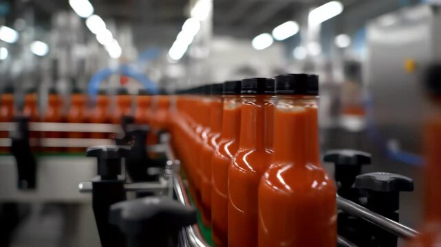 Sealed bottles of orange sauce move along a conveyor belt in a modern food production factory, concept for processing automation, industrial efficiency and production management