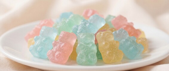 A delightful serving of colorful gummy bears, a sweet treat for all ages, presented on a pristine white plate.