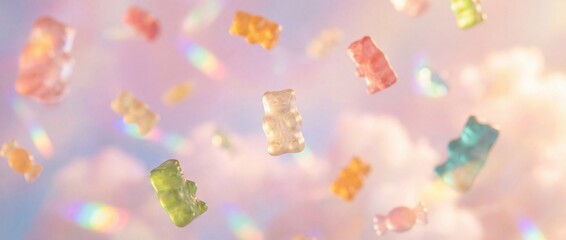 A whimsical scene of gummy bear candies floating weightlessly amidst soft pastel clouds, creating a sense of joy and childlike wonder.