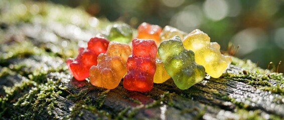 A close-up shot of an array of vibrant gummy bears, glistening with sweet stickiness, artfully arranged on a moss-covered log, celebrating the joy of simple treats.