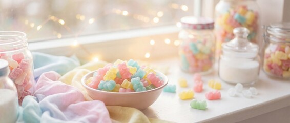 A captivating shot of a candy arrangement, featuring a rainbow of treats in a soft-lit, charming setting. Evoking feelings of delight and sweetness.