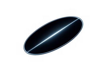 Glowing blue light beam crossing a black reflective ellipse, a futuristic and abstract technology graphic on transparent background