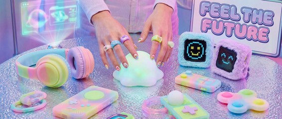A person is interacting with various colorful modern gadgets, embodying the vibrant energy of the future with a focus on interactive technology and a whimsical aesthetic.