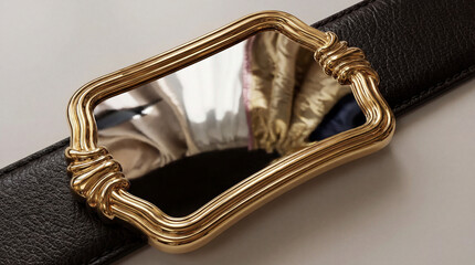 A close-up shot of a luxurious gold belt buckle, showcasing its intricate design and elegance. A fashionable accessory, capturing the essence of luxury and style.
