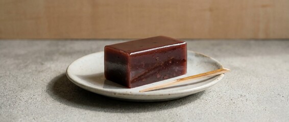 A culinary masterpiece of a cube-shaped sweet red bean jelly on a ceramic plate. With an immaculate presentation and clean background. 