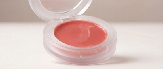 A captivating macro shot of a single pot of tinted lip balm, its glossy texture gleaming enticingly.