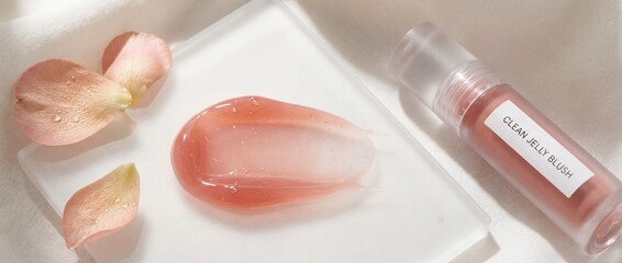 A close-up captures delicate rose petals and a smear of translucent jelly blush on a modern, minimalistic glass tray, conveying the purity and elegance of cosmetics.