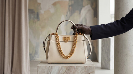 Elegant handbag, showcasing a sophisticated design with a gold chain in a refined setting, highlighting luxury and style. 
