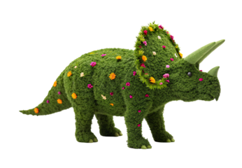 Green moss triceratops dinosaur with colorful flowers decoration, isolated on a transparent background
