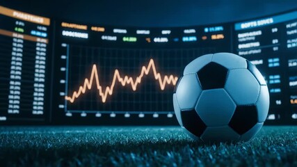 Soccer ball on blue turf against a giant digital screen displaying an orange fluctuating stock market graph, concept for sports betting visualization, financial analysis and online gambling promotion - Powered by Adobe