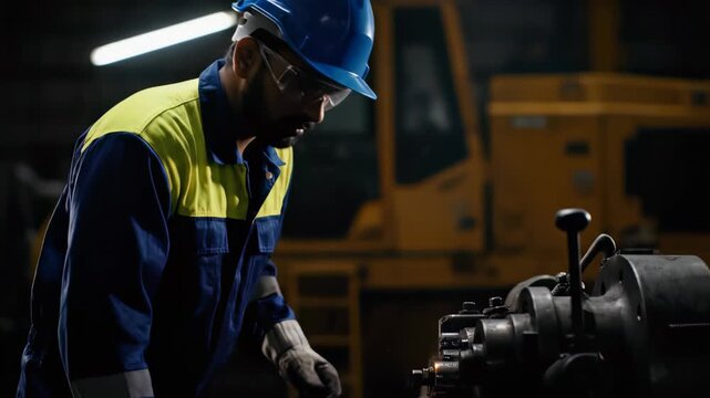 Focused industrial worker in hardhat and safety gear operating factory machinery emitting bright sparks, concept for industry safety, manufacturing technology and heavy engineering projects