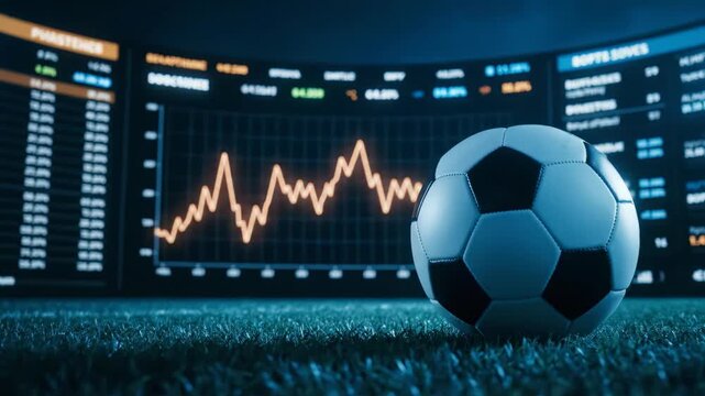 Soccer ball on blue turf against a giant digital screen displaying an orange fluctuating stock market graph, concept for sports betting visualization, financial analysis and online gambling promotion