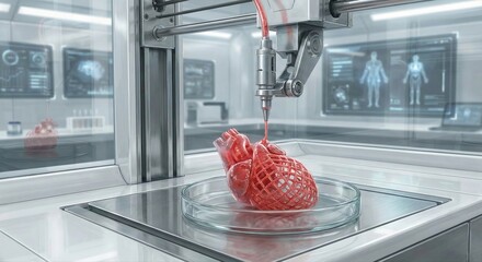 Futuristic medical 3D bioprinter manufacturing a human heart model with red tissue in a high-tech laboratory with data screens for biotechnology research.