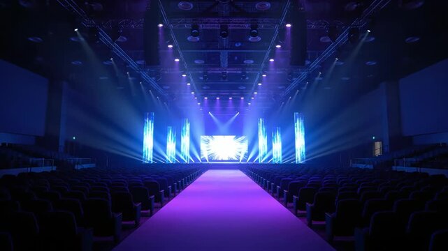 Professional large conference stage illuminated by dramatic blue and purple spotlights and empty seating area, concept for corporate events, product launches and high-tech presentations