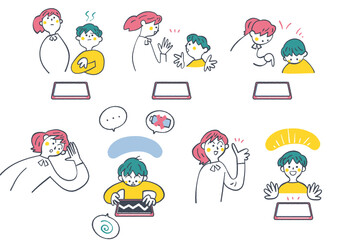 タブレットのトラブルを解決し操作をマスターしていく小学3年生くらいの男子児童、バッテリー切れやパスワード忘れを乗り越えて学びを楽しむプロセスとサポートする先生、手書き風イラスト、ICT教育・生き生きタブレット学習シリーズ