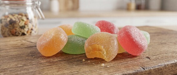 A close-up shot of colorful fruit candies on a wooden board. They are appealing and ready to be enjoyed.