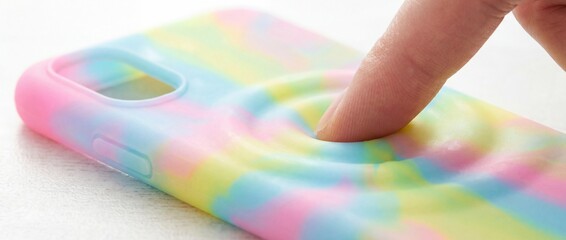 A finger interacts with a colorful mobile phone case. Close-up shot emphasizing the tactile and aesthetic aspects.