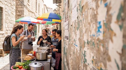 A vibrant street food scene unfolds, with a diverse group enjoying delicious meals under a colorful umbrella. The image captures the essence of communal dining, and cultural exchange.