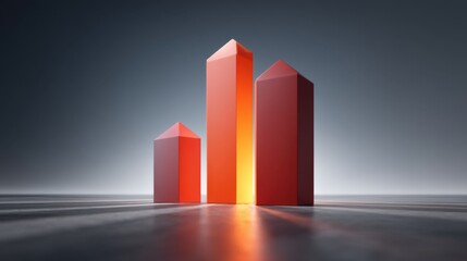 Abstract 3D render of red geometric shapes depicting growth with a dark background, visualizing success, finance, and progress in business environments