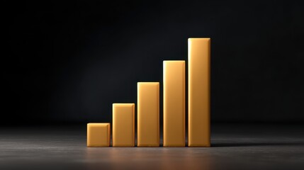 Abstract representation of growth in statistics with golden bars ascending on a dark background, symbolizing progress, success, and achievement in business.