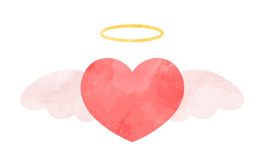 天使の羽と輪がついたシンプルなハートの手描き水彩イラスト 赤	