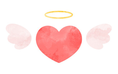 天使の羽と輪がついたシンプルなハートの手描き水彩イラスト 赤	