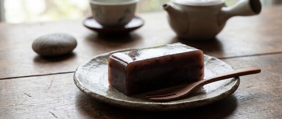 A tranquil still life composition, a dessert rests gracefully on a rustic plate, a spoon beside, while the background reveals tea set. evokes a sense of peace and pleasure.