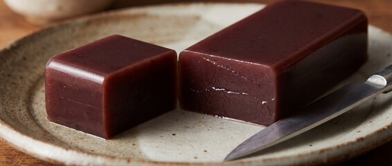 Close-up shot showcases two rectangular Anko Kanten sweets. Presenting the traditional Japanese sweet on a rustic plate.