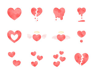 さまざまなハートのシンプルな手描き水彩イラストセット 赤