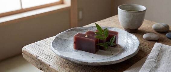 A serene composition featuring two delectable Japanese sweets arranged artistically on a rustic plate, accompanied by a cup of tea, conveying tranquility and the simple pleasures of life. 