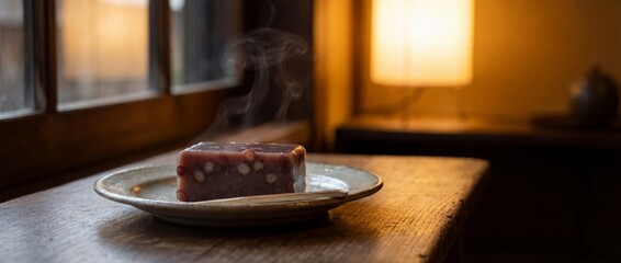 A steaming red bean cake on a delicate plate, artfully placed on a weathered wooden table near a softly illuminated lamp and window.