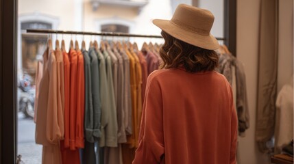 Woman Shopping for Colorful Casual Clothing in Boutique Store