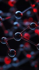 An abstract molecular structure with connected transparent spheres is set against a dark background