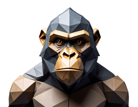 Powerful origami gorilla portrait featuring detailed geometric paper folds and a low-poly design. - Powered by Adobe
