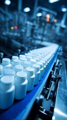Automated Manufacturing Line White Bottles on Conveyor Belt in Pharmaceutical Production Facility